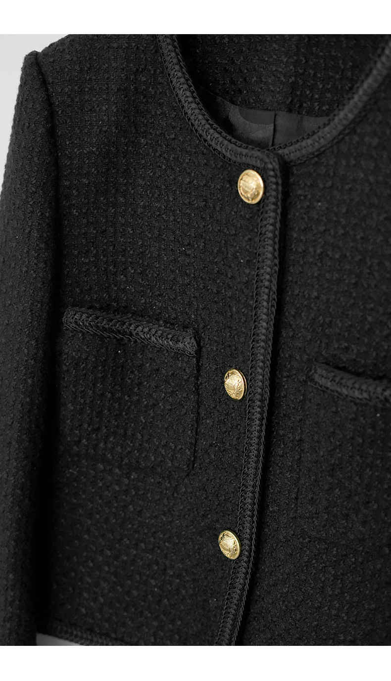 2023 Őszi Új Designer Divat Női Magas Minőségű Gyapjú-keverék, Fekete Tweed Kabát Rövid Kabát F291