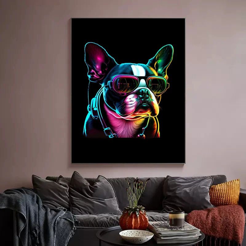 Absztrakt Synthwave Kutyák Terrier Francia Bulldog Pásztor Portré Poszter Nyomtatása Vászon Festmény Wall Art Nappali Dekor
